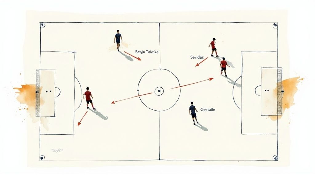 Οδηγός για αρχάριους: Πώς να τοποθετείτε αθλητικά στοιχήματα στρατηγικά 1 Εικονογράφηση ενός ποδοσφαιρικού γηπέδου με παίκτες και τακτικές, συμπεριλαμβανομένου του κειμένου «Betyļa Taktike», «Sevidar», «Gestalfe».