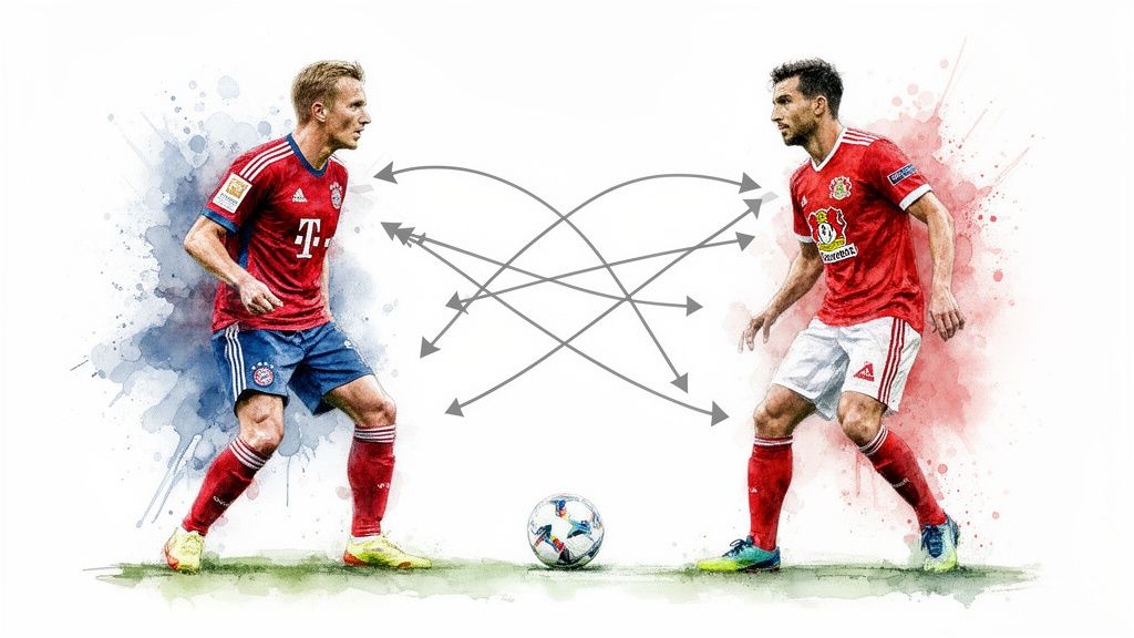 Bayern gegen Leverkusen: Unsere Prognose mit Expertentipps 5 Zwei Fußballspieler von Bayern München und Bayer Leverkusen mit Pfeilen, die ihre Interaktion andeuten und ein Spiel symbolisieren.