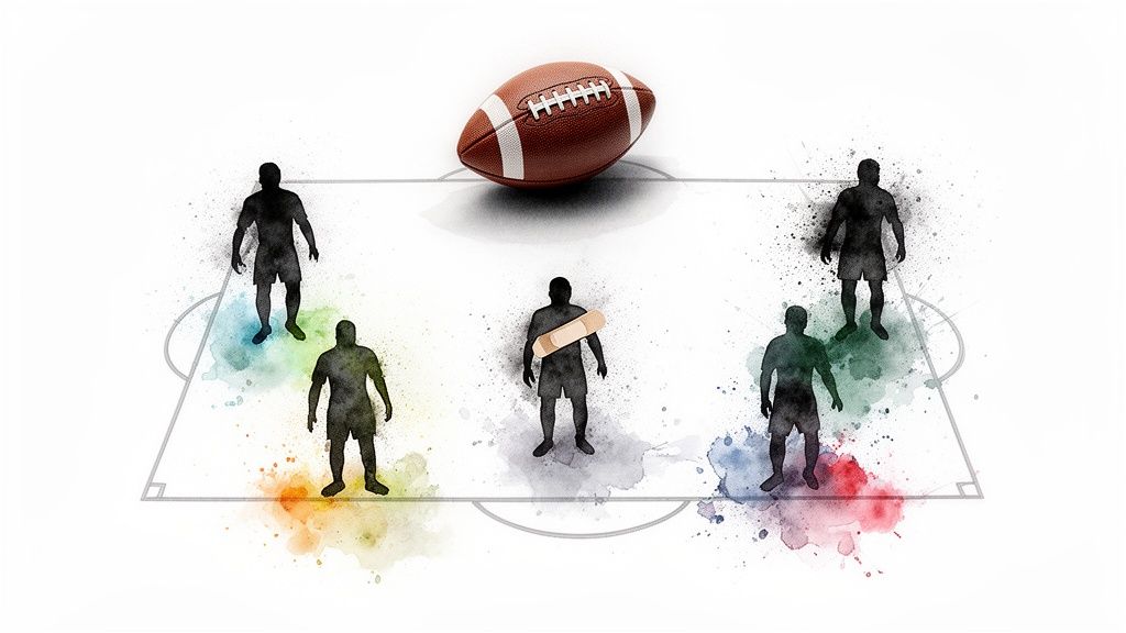 Sportwetten – Strategien für langfristigen Erfolg 3 Ein American Football und fünf Spielerfiguren auf dem Spielfeld, einer davon mit einem Verband am Arm.
