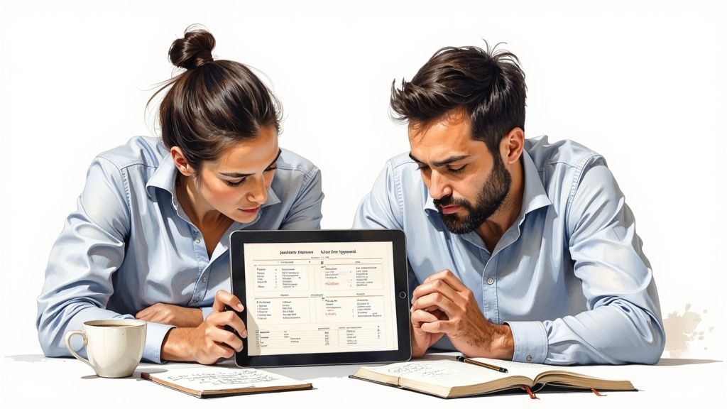 Спортни залози - Как да анализирате и да вземате решения като експерт 1 Двама души, облечени в ризи, мъж и жена, работят заедно, гледайки таблет на маса.