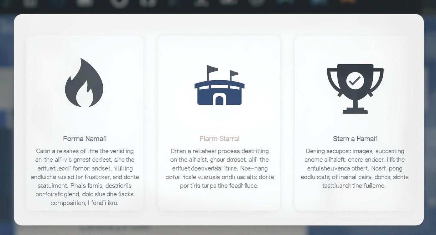 スポーツベッティング - 確実な予測と試合、リスクフリー 1 特別なアイコン (炎、スタジアム、トロフィー) とテキストが記載された 3 枚のカード。最新のインターフェースでサービスや機能を表します。