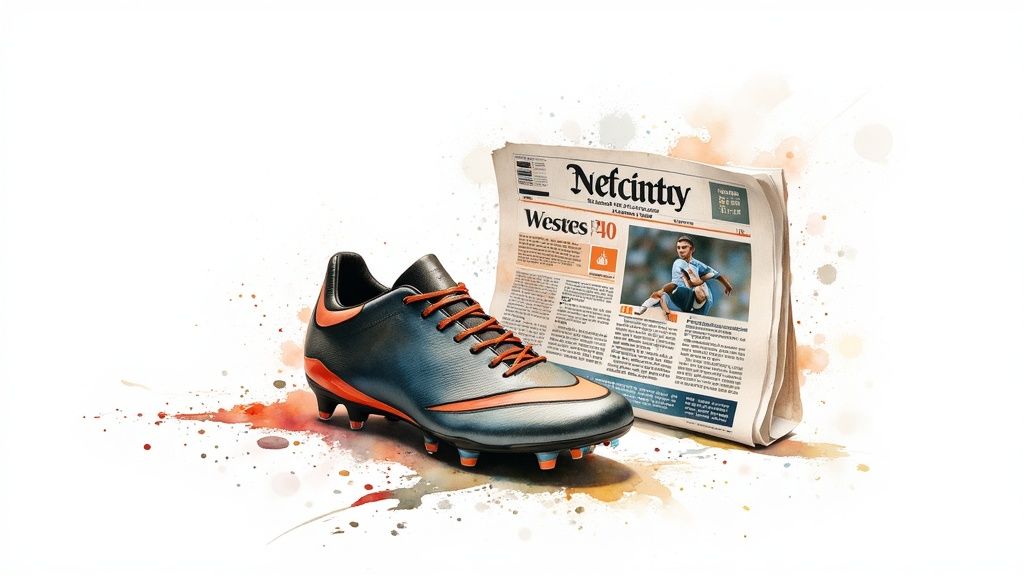 Një lojtar futbolli duke goditur topin me forcë në një stadium të ndriçuar natën.