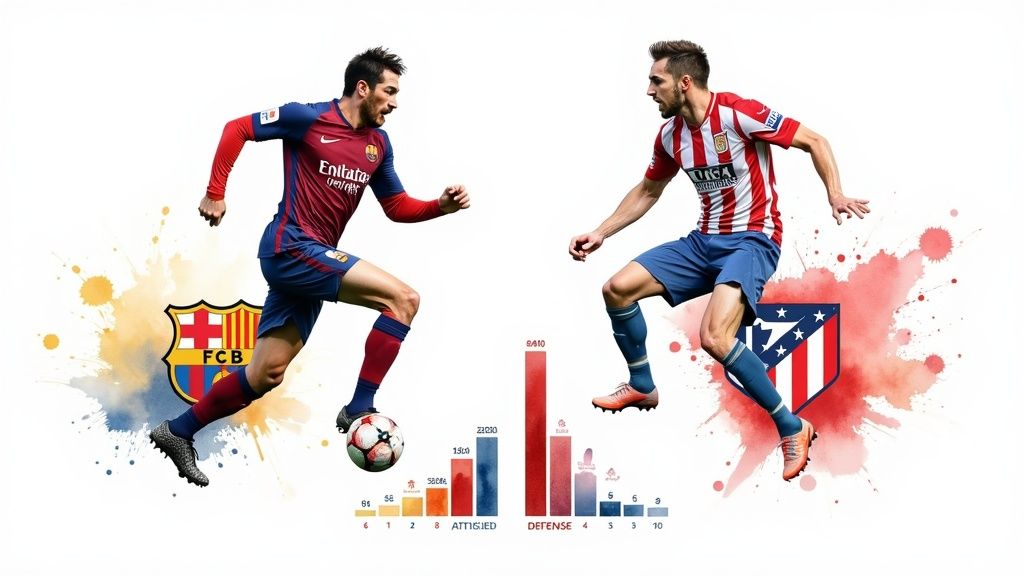 Πλήρης οδηγός για αθλητικά στοιχήματα - Πώς να κερδίσετε περισσότερα; 2 Δύο ποδοσφαιριστές, ο ένας από την Μπαρτσελόνα και ο άλλος από την Ατλέτικο Μαδρίτης, με λογότυπα ομάδων και συγκριτικά στατιστικά στοιχεία.