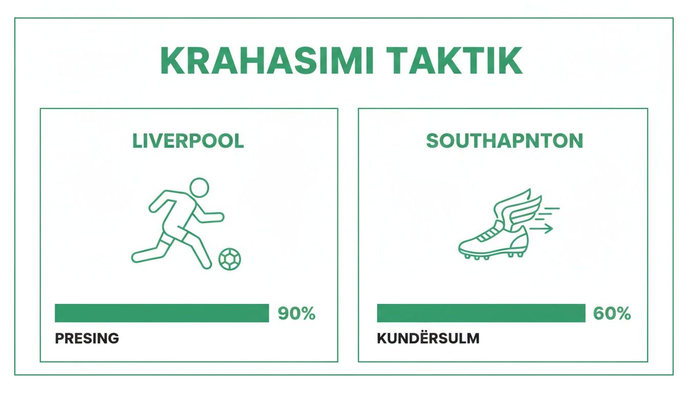 Understanding Sports Betting: 4 Main Bet Types A tactical comparison between Liverpool (Pressing 90%) and Southampton (Counterattack 60%), with football icons.