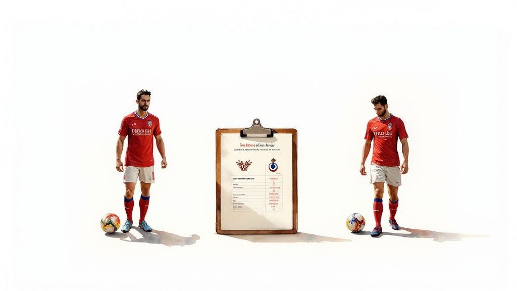 Πλήρης οδηγός για αθλητικά στοιχήματα: Στρατηγικές για αρχάριους και ειδικούς 1 Δύο ποδοσφαιριστές με κόκκινες φανέλες, με μπάλες ποδοσφαίρου και έναν πίνακα αποτελεσμάτων με την περίληψη του αγώνα στο κέντρο.