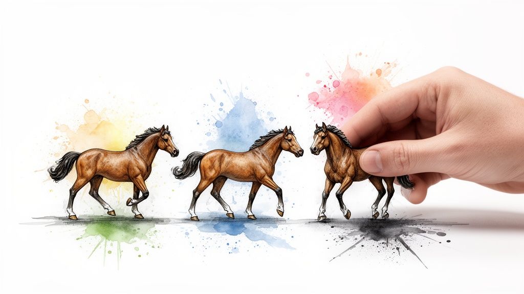 Какво означава „показване на победно място“ в залаганията? Пълно ръководство 3 Три коня, илюстрирани с акварел, с ръка, поставяща последния кон, сред пръски от различни цветове.