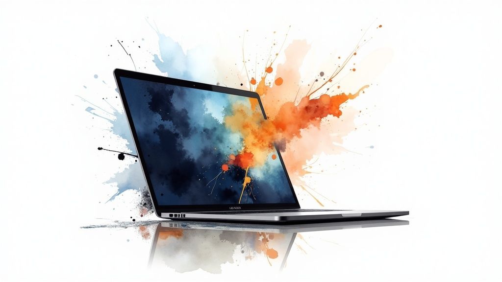 Αθλητική Ανάλυση: Πώς να Προβλέψετε Αποτελέσματα Σαν Επαγγελματίας 2 Ένα μοντέρνο φορητό υπολογιστή με οθόνη που ξεχειλίζει από μπλε και πορτοκαλί ακουαρέλες.