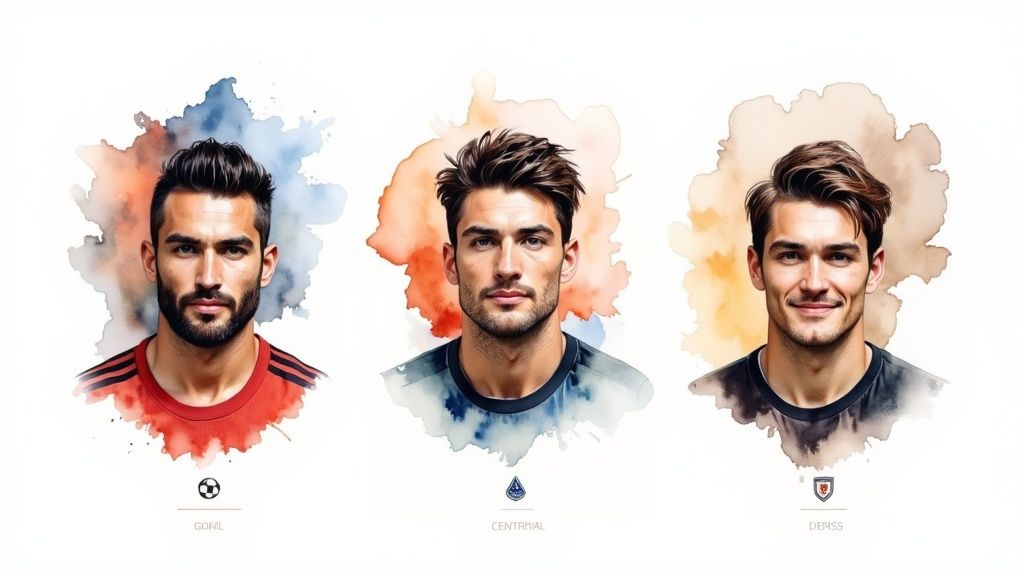 スポーツベッティング - 確実な予測と試合、リスクフリー 4 水彩画で顔を描いた 3 人の男性サッカー選手。それぞれの下にアイコンとテキストがあります。