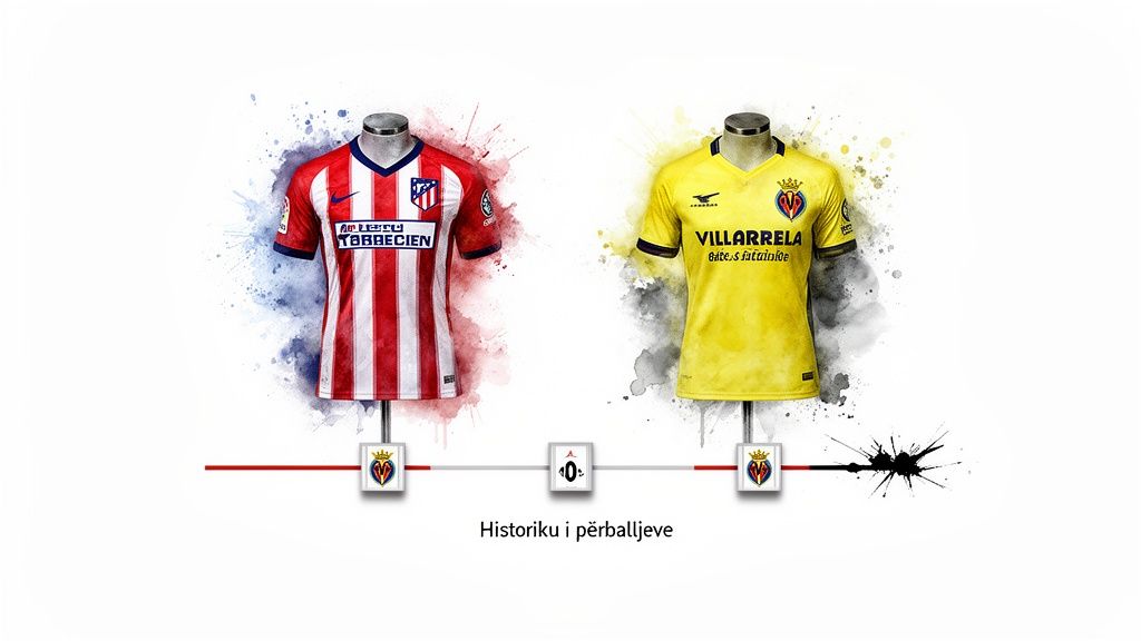 スポーツベッティング戦略 - 賢く賭ける方法 2 アトレティコ・マドリードとビジャレアルのサッカー ジャージ。試合の歴史を示すグラフィックが描かれています。