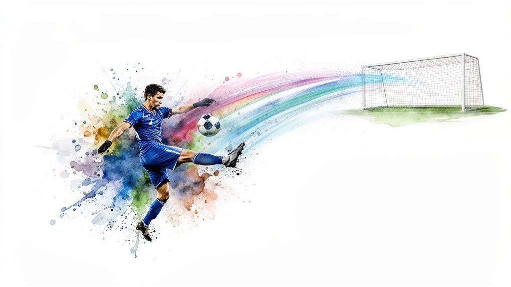 8 zeitlose Strategien für erfolgreiche Sportwetten 2 Ein Fußballspieler in Blau schießt einen Ball, der in leuchtenden Farben auf das Fußballtor zusteuert.