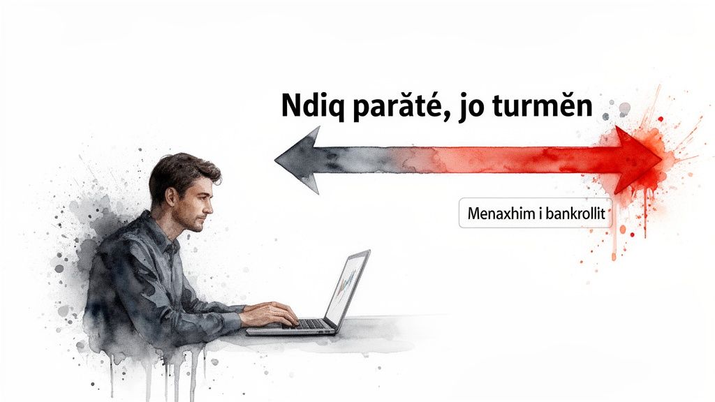 Αντίστροφη κίνηση γραμμής: Ένας οδηγός για να ακολουθήσετε το έξυπνο χρήμα 3 Ένας άντρας εργάζεται συγκεντρωμένος στον φορητό υπολογιστή του, με ένα βέλος να δείχνει ενάντια στο πλήθος και κείμενο σχετικά με τη διαχείριση του κεφάλαιού του.