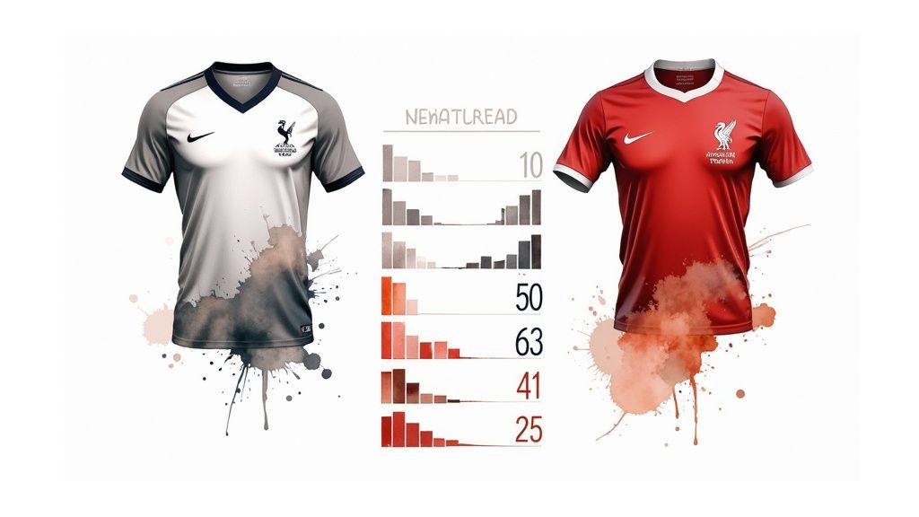 Grundlegende Sportwetten-Strategien: Ein Leitfaden für Anfänger 2 Zwei Fußballtrikots, Tottenham (weiß und grau) und Liverpool (rot), mit vergleichbaren Wappen und Nummern.
