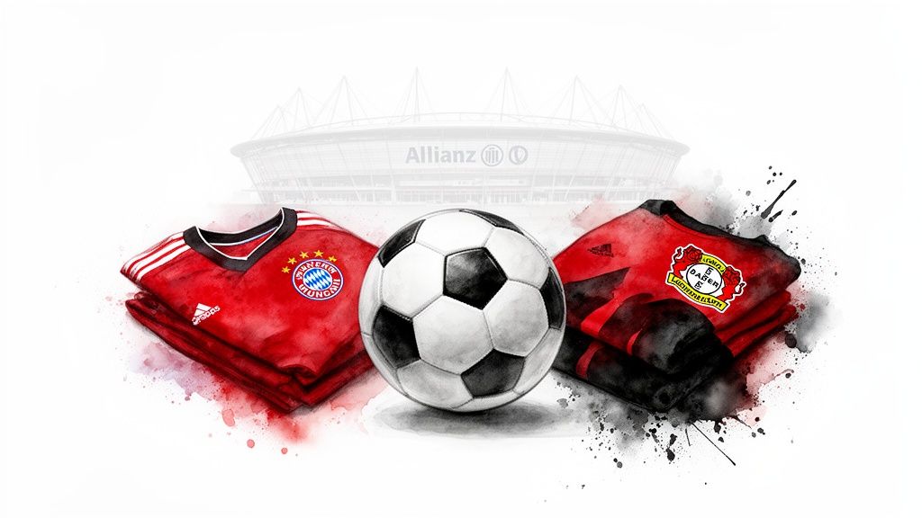 Bayern gegen Leverkusen: Unsere Prognose mit Expertentipps 2 Ein Fußball zwischen den Trikots von Bayern München und Bayer Leverkusen, im Hintergrund die Allianz Arena.