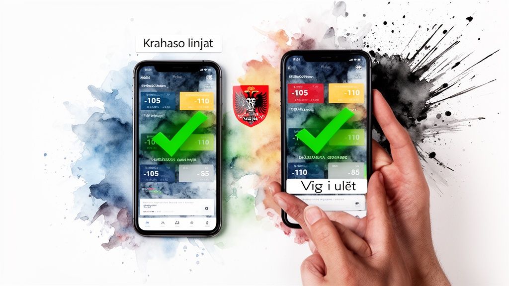 ギャンブルにおけるvigの意味とそれが賞金にどう影響するか 2 台のスマートフォンに、緑のチェックマークが付いた賭けラインと、「ラインを比較」および「低額賭け金」というテキストが表示されます。