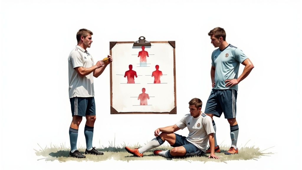 Πώς να Κατακτήσετε την Τέχνη του Αθλητικού Στοιχήματος: Ένας Πλήρης Οδηγός 2 Τρεις ποδοσφαιριστές και ένας προπονητής συζητούν τακτικές γύρω από έναν πίνακα σχηματισμού.