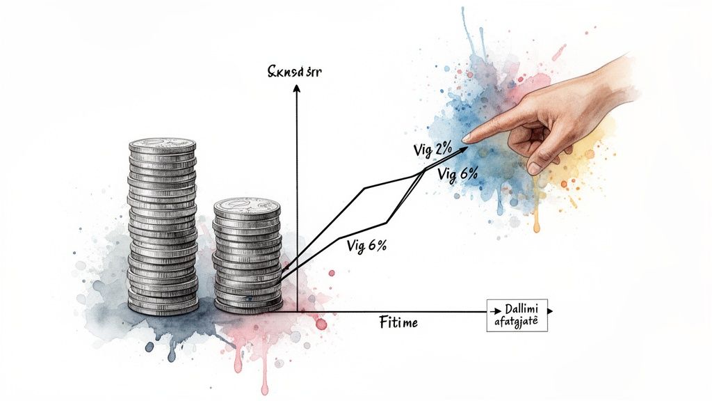 Τι είναι το "vig" στα στοιχήματα και πώς επηρεάζει τα κέρδη σας 1 Ένα οικονομικό διάγραμμα με νομισματικές ράβδους, γραμμές ανάπτυξης (VIG 2%, Vig 6%) και ένα χέρι που δείχνει κέρδη.