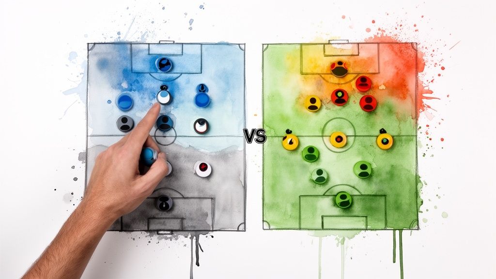 Wie man erfolgreiche Vorhersagen bei Sportwetten erstellt: Ein vollständiger Leitfaden 3 Eine Hand bewegt eine Spielfigur auf einem Aquarell-Fußballstrategiebrett im Vergleich zu einer anderen.