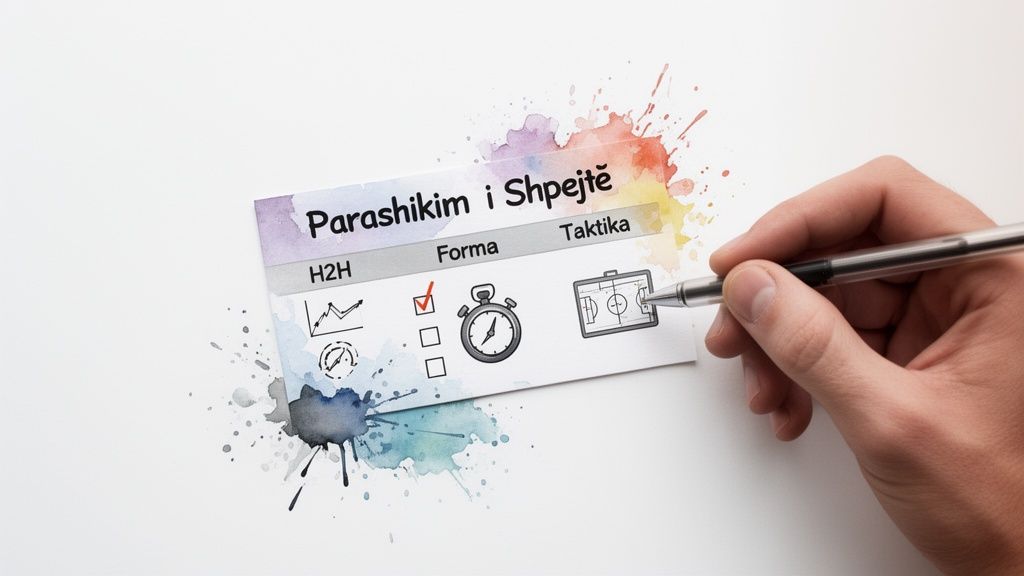 Sportwetten – 1 wichtige Konzepte, die Sie kennen sollten Eine Hand markiert ein Kästchen auf einer Karte mit der Aufschrift „Schnellvorhersage“, Sportsymbolen und Aquarellfarben.