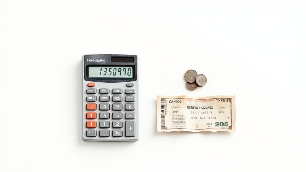 Τι είναι ένα κουτί trifecta - Ένας απλός οδηγός για αθλητικά στοιχήματα 2 Ένα άτομο που χρησιμοποιεί μια αριθμομηχανή για να υπολογίσει το κόστος των αθλητικών στοιχημάτων.