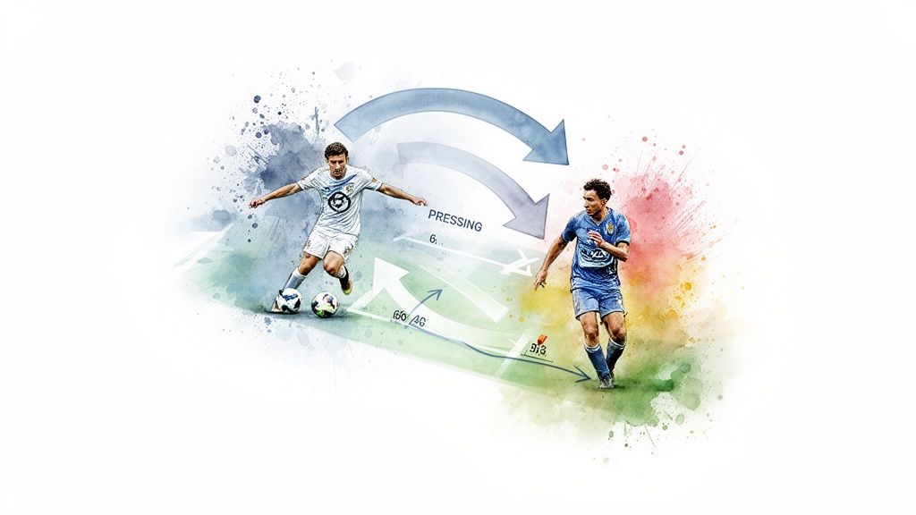 Comment parier intelligemment : Guide du débutant 1 Deux joueurs de football avec des flèches tactiques et du texte superposé, suggérant une analyse du match.