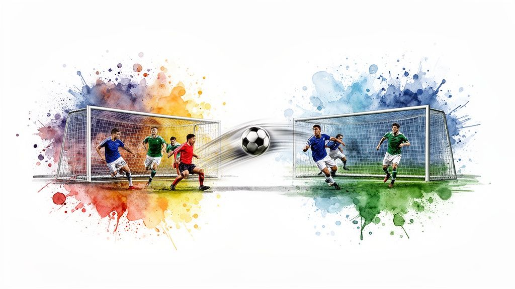 Comment parier intelligemment : Guide du débutant 2 Illustration dynamique à l'aquarelle d'un match de football avec des joueurs autour de deux buts et un ballon en mouvement.