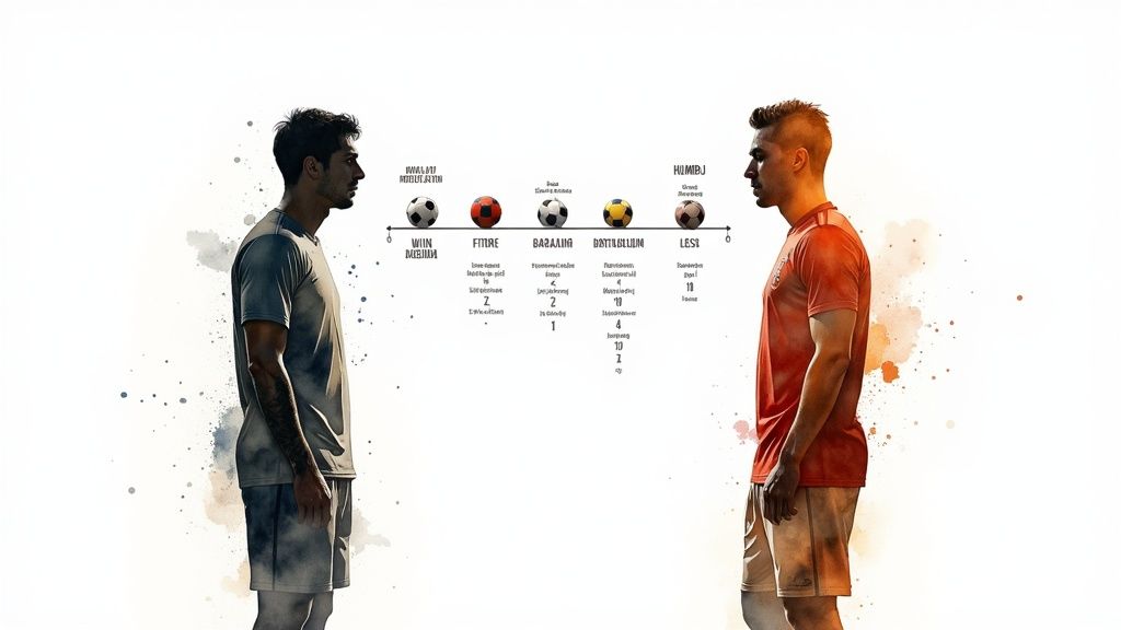 スポーツベッティング戦略と心理学の完全ガイド 1 2 人の男子サッカー選手が向かい合って立っており、サッカー ボールの図と背景のテキストで比較を表現しています。