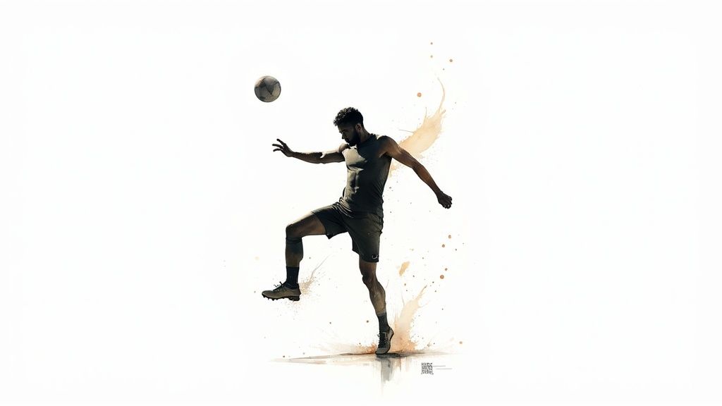 成功するスポーツ予想の作り方:完全ガイド 2 運動能力の高い男性が、水しぶきを上げながら芸術的なスタイルでサッカーボールをジャグリングしています。