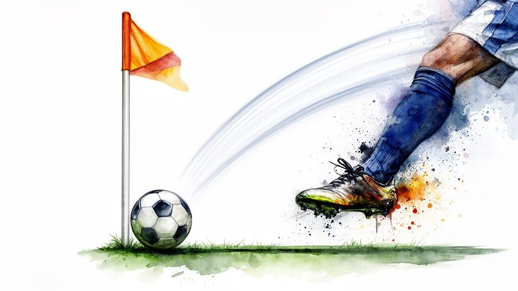 8 zeitlose Strategien für erfolgreiche Sportwetten 1 Der Fuß eines Fußballspielers tritt gegen einen Fußball in der Nähe der Eckfahne, mit Aquarell-Effekten.