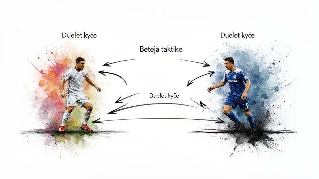 スポーツベッティング戦略 - 賢く賭ける方法 4 爆発的な色彩に囲まれた、異なるシャツを着た 2 人のサッカー選手が、重要な決闘や戦術的な戦いを表現しています。
