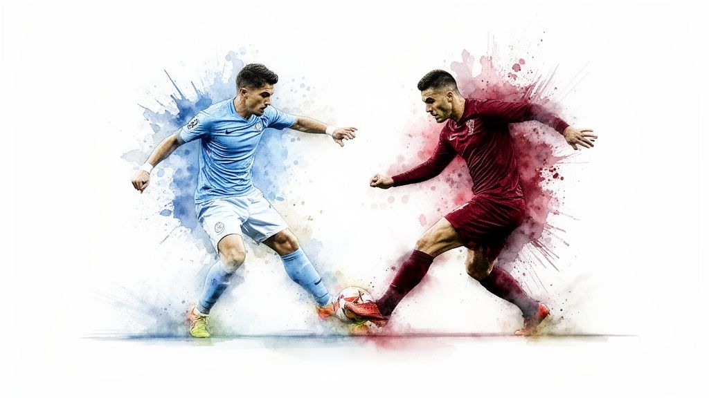 Как да залагате стратегически: Пълно ръководство 1 Двама футболисти, единият в синьо, а другият в червено, се борят за топката в илюстрация в акварелен стил.