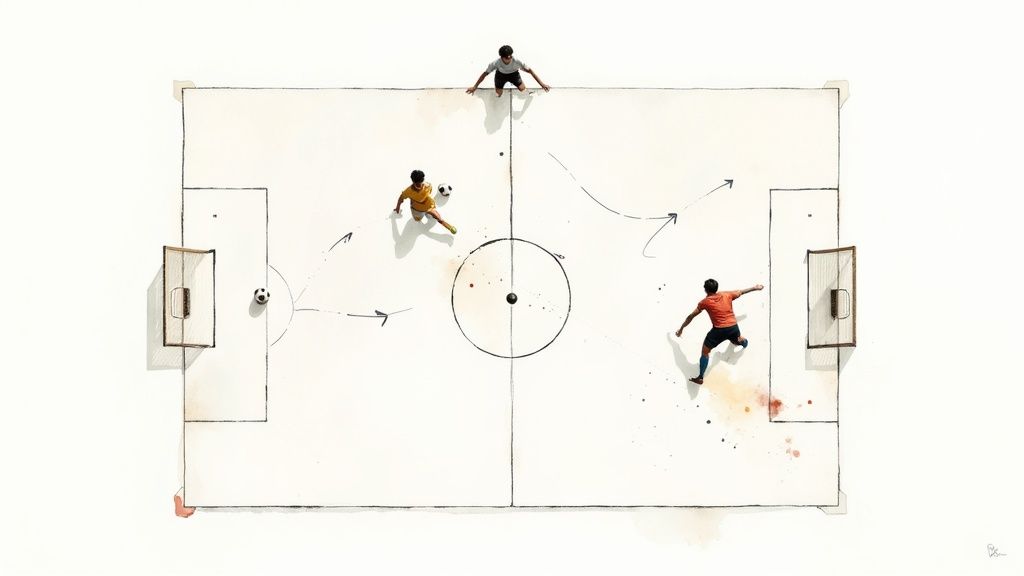 Πλήρης οδηγός για αθλητικά στοιχήματα - Πώς να κερδίσετε περισσότερα; 4 Κάτοψη ενός ζωγραφισμένου γηπέδου ποδοσφαίρου με τρεις παίκτες, δύο μπάλες και τακτικά βέλη.