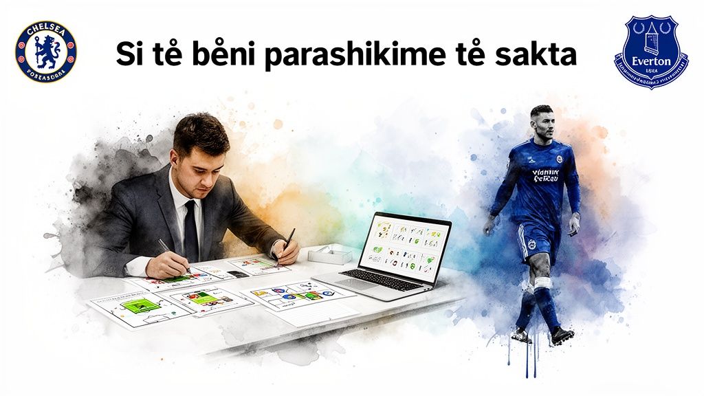 より賢い賭け方:必須の戦略とヒント 1 ある男性が、選手とロゴを使って、チェルシー対エバートンの試合のサッカー予想をしている。