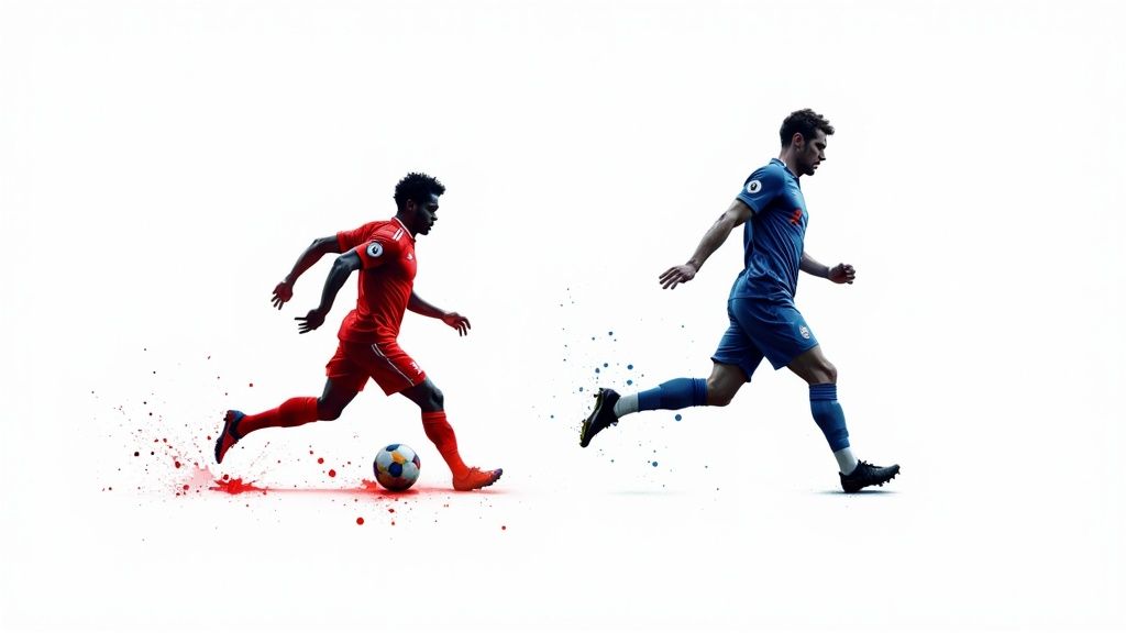 Как да създавате успешни прогнози за спортни залози - Ето тайна 2 Футболист, който удря топката със сила по време на мач, символизирайки настоящия момент и форма.