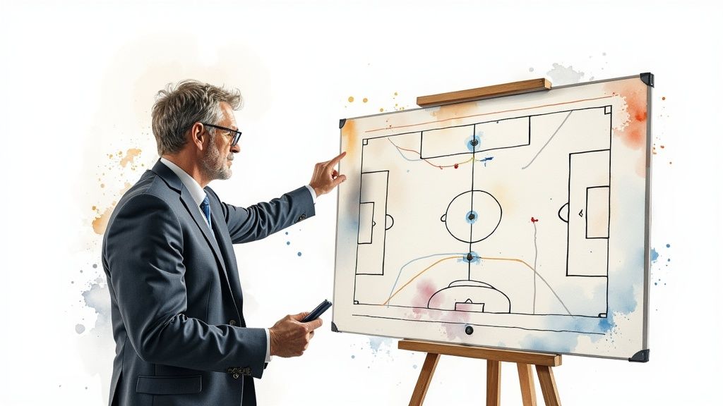 An image of a soccer analyst giving predictions in a studio setting, with graphics and data on screens behind them.