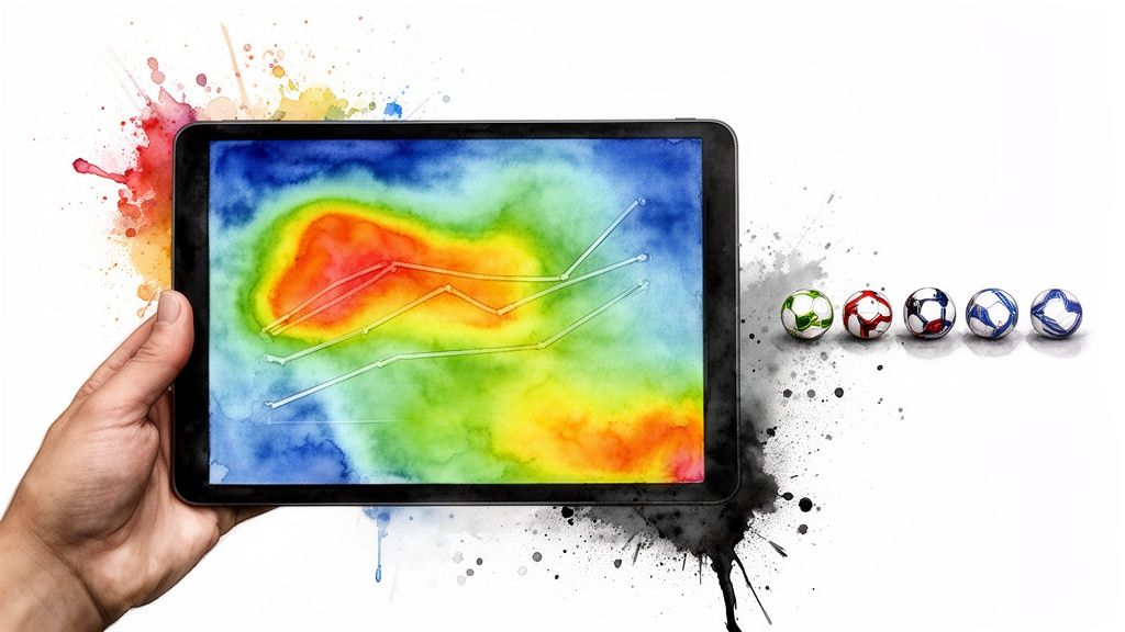 Wie man erfolgreiche Vorhersagen bei Sportwetten erstellt: Ein vollständiger Leitfaden 2 Eine Hand hält ein Tablet mit einer farbenfrohen Grafik, daneben liegen fünf Fußbälle.