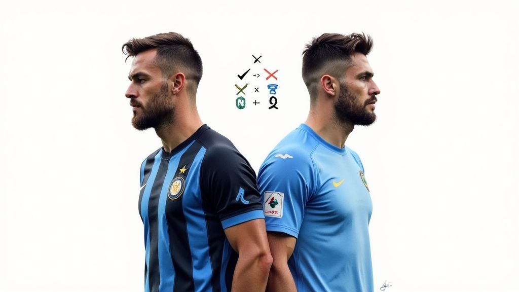 スポーツベッティング - 確実な予測と試合、リスクフリー 2 インテルのシャツを着たサッカー選手と青いシャツを着たサッカー選手 2 人が、戦術的なシンボルを挟んで背中合わせに立っています。