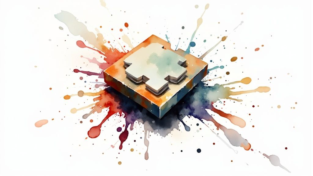 Αθλητική Ανάλυση: Πώς να Προβλέψετε Αποτελέσματα Σαν Επαγγελματίας 3 Ένα τσιπ υπολογιστή με ακουαρέλα ή ένα κομμάτι παζλ σε φόντο από χρωματικές εκρήξεις.