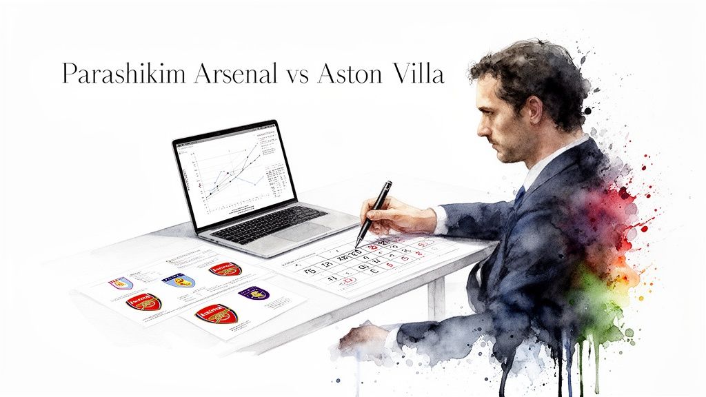 より賢いベッターになる方法:必須のスポーツベッティング戦略1 デスクでノートパソコン、グラフ、ロゴを使ってアーセナル対アストン・ヴィラ戦の予想を分析している男性。