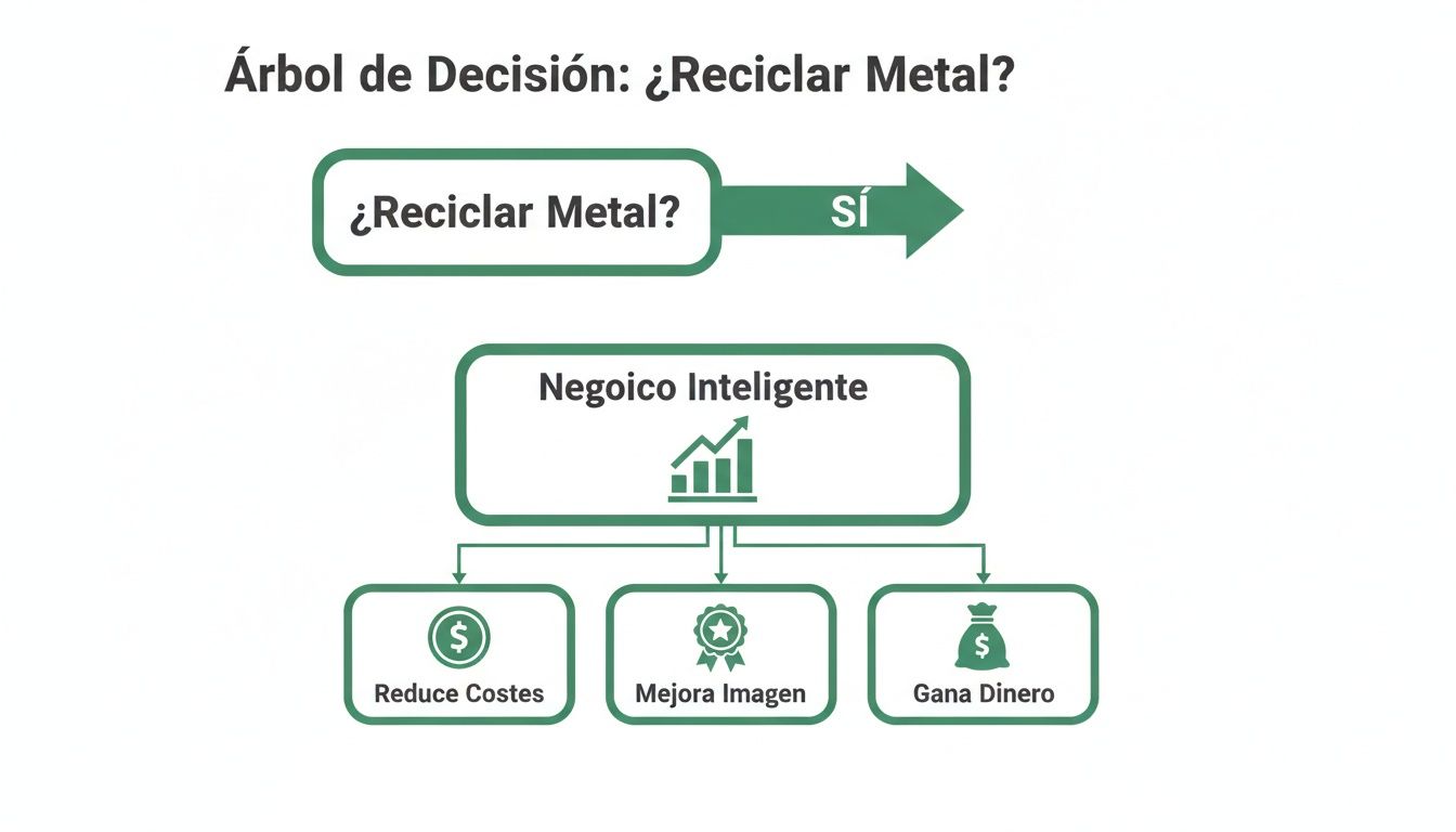 Diagrama de árbol de decisión que muestra los beneficios de reciclar metal: reduce costes, mejora imagen y gana dinero.