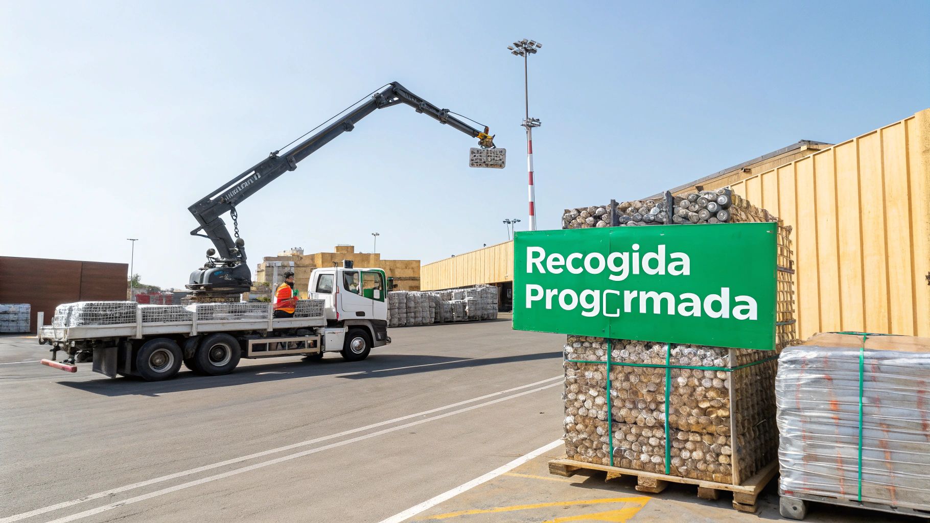 Camión grúa cargando material reciclable en una instalación industrial. La recogida programada de aluminio se lleva a cabo.