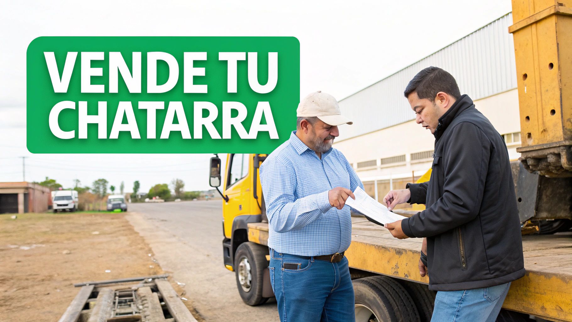 Dos hombres revisando documentos junto a un camión amarillo con un letrero que dice 'Vende tu chatarra'.