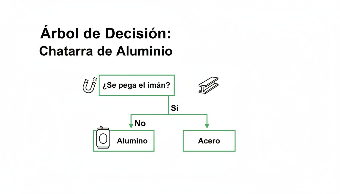 Diagrama de flujo simple para identificar chatarra de aluminio o acero usando un imán.