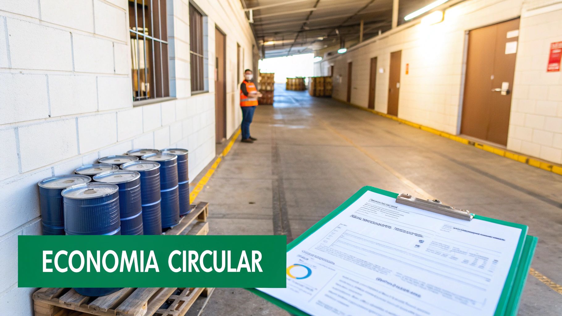 Persona en almacén industrial, con barriles azules y un documento, promoviendo la Economía Circular.