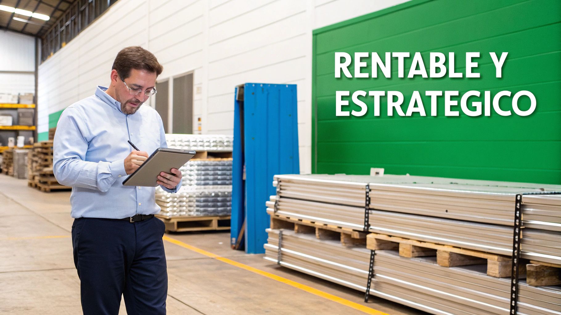 Hombre con gafas en un almacén industrial, escribiendo en una tablet para gestión de inventario, con productos y un cartel que dice 'RENTABLE Y ESTRATÉGICO'.