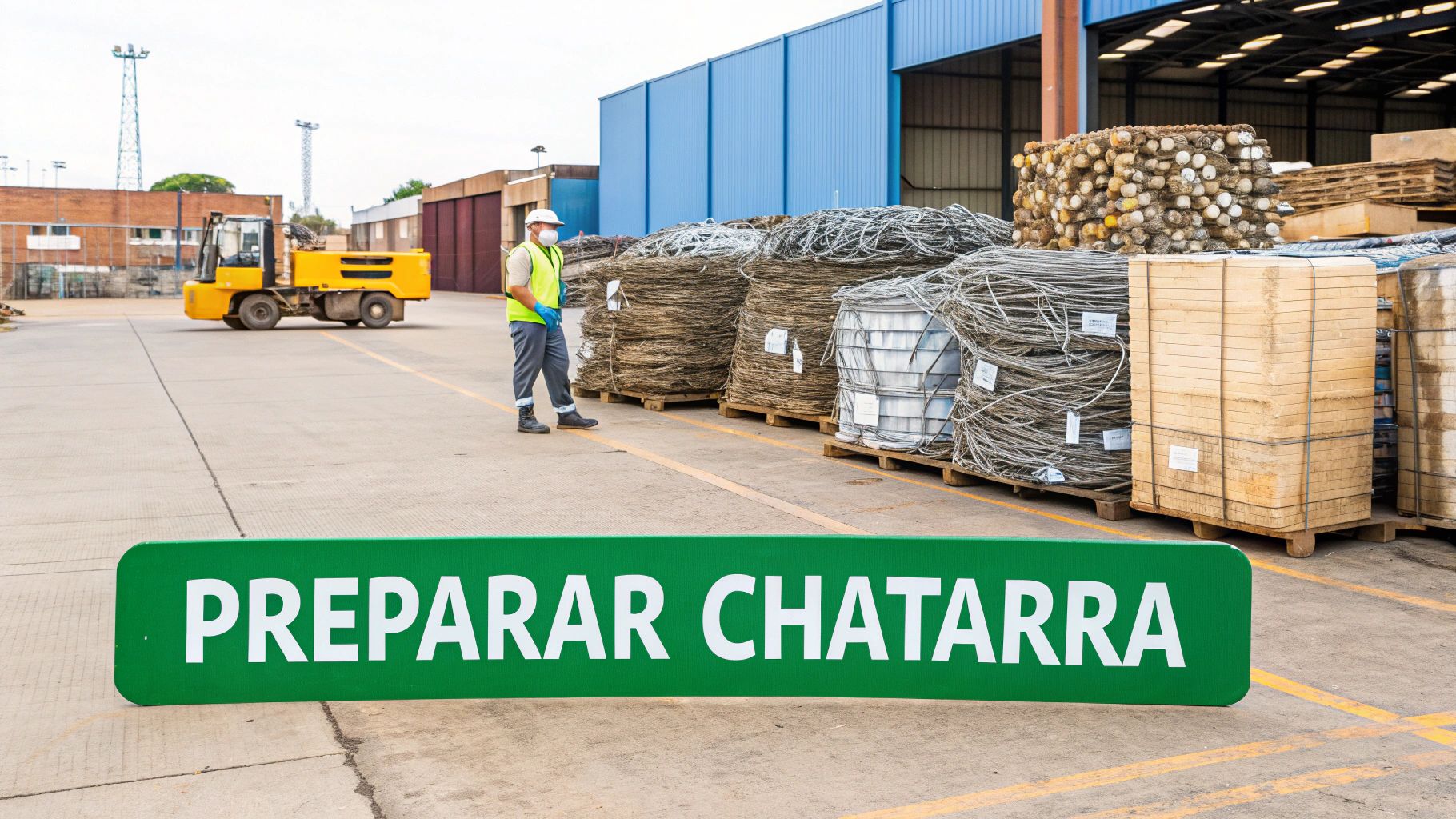 Un trabajador de seguridad industrial junto a grandes pilas de chatarra de metal, con un letrero que dice "PREPARAR CHATARRA".