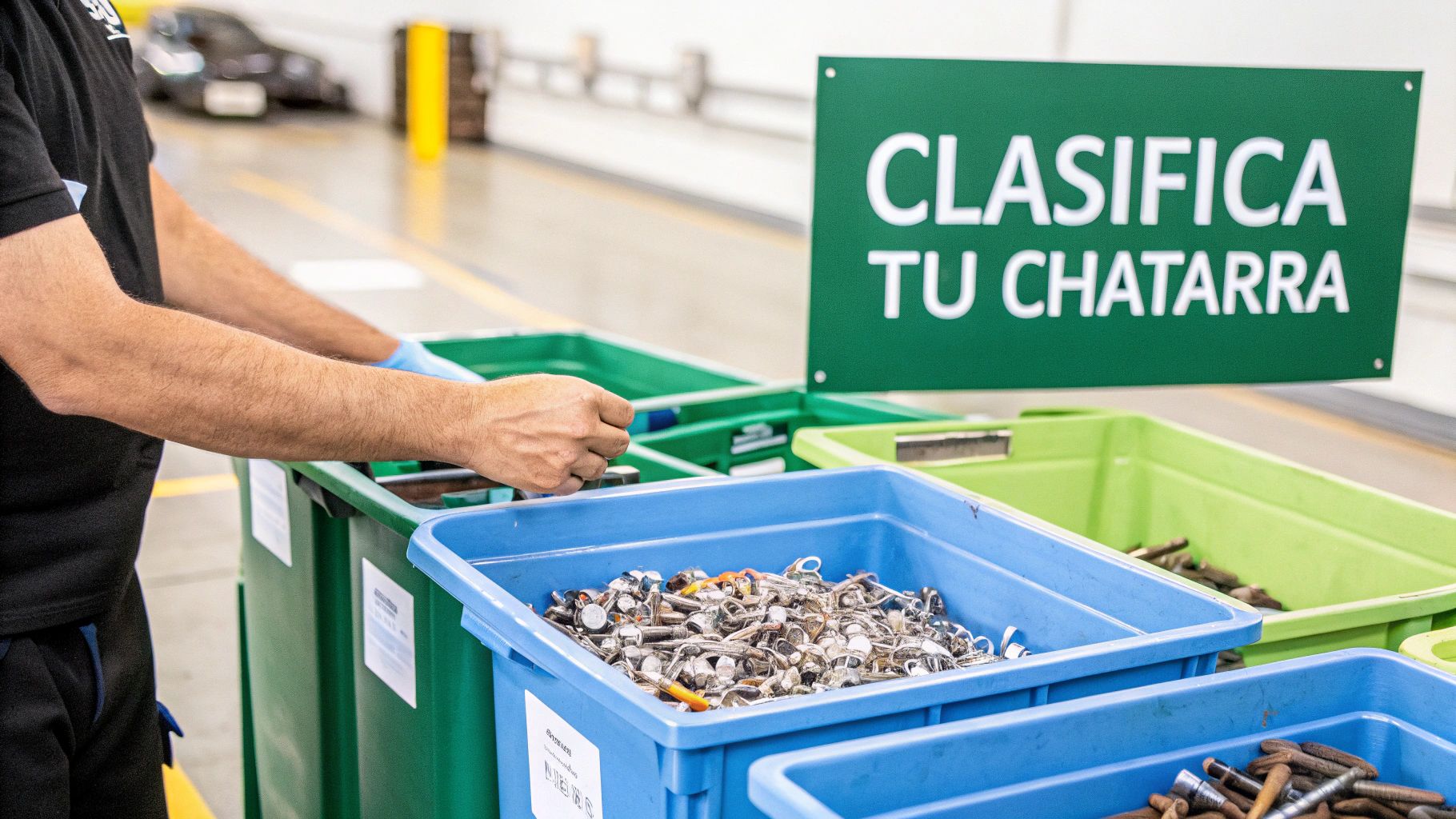 Un hombre clasifica chatarra metálica en contenedores para su reciclaje, siguiendo el letrero 'Clasifica tu chatarra'.