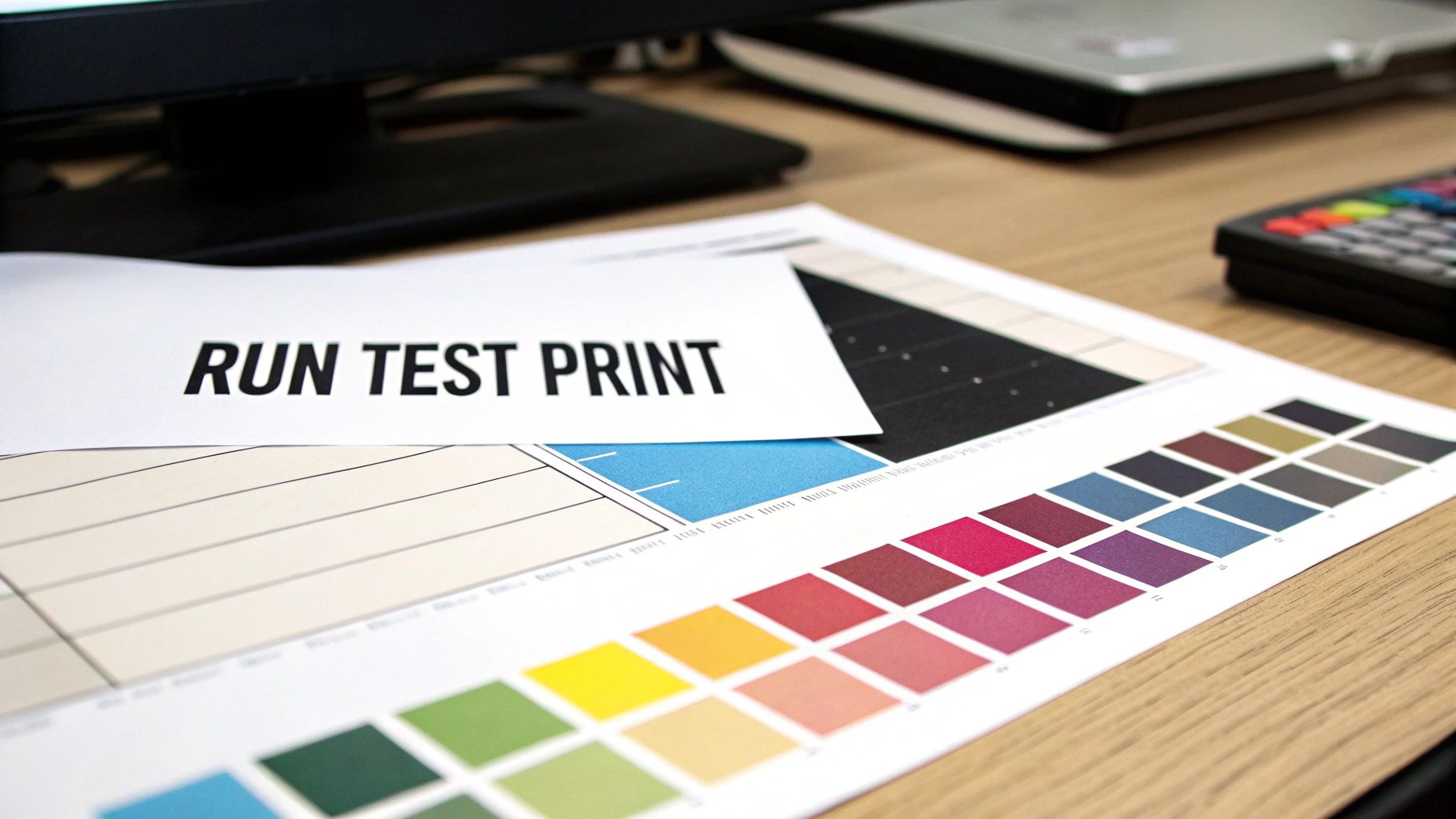 Paper with 'RUN TEST PRINT' text on a color swatch chart, near computer equipment.