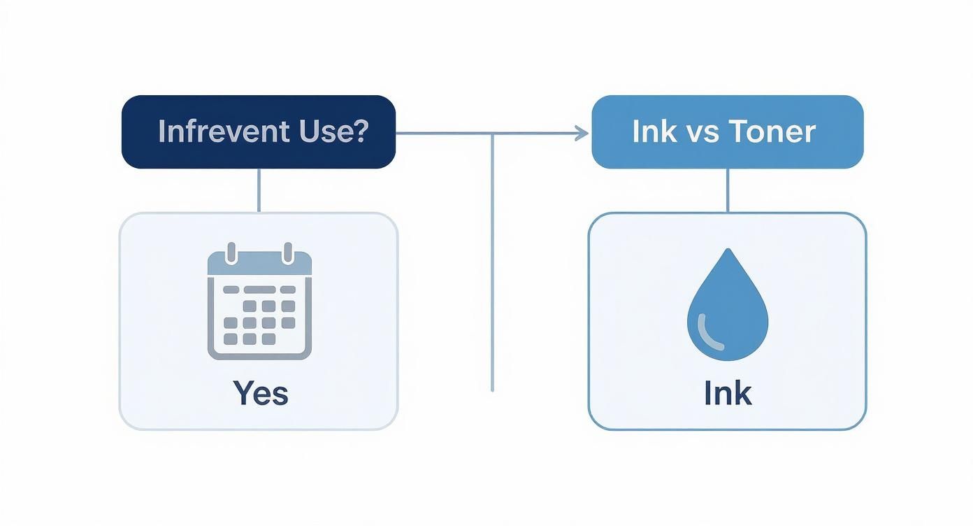 Infographic decision tree asking if you use your printer frequently. If yes, it points to an ink droplet icon. If no, it points to a calendar icon representing toner.