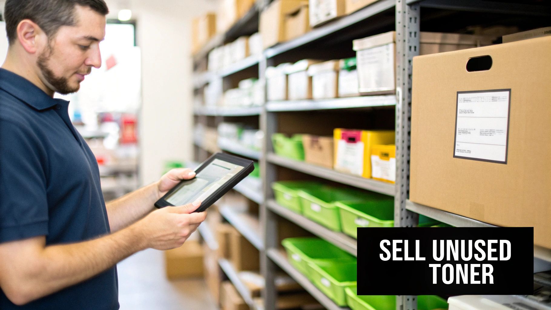 A man using a tablet in a warehouse, surrounded by shelves of boxes, with 'SELL UNUSED TONER' text.