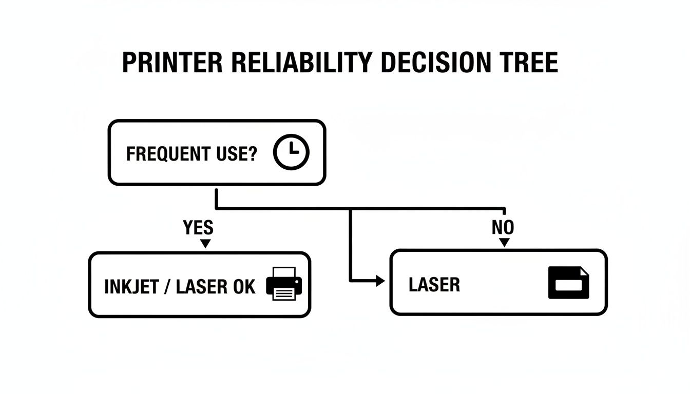 A decision tree for printer reliability, guiding printer type selection based on frequent or infrequent use.